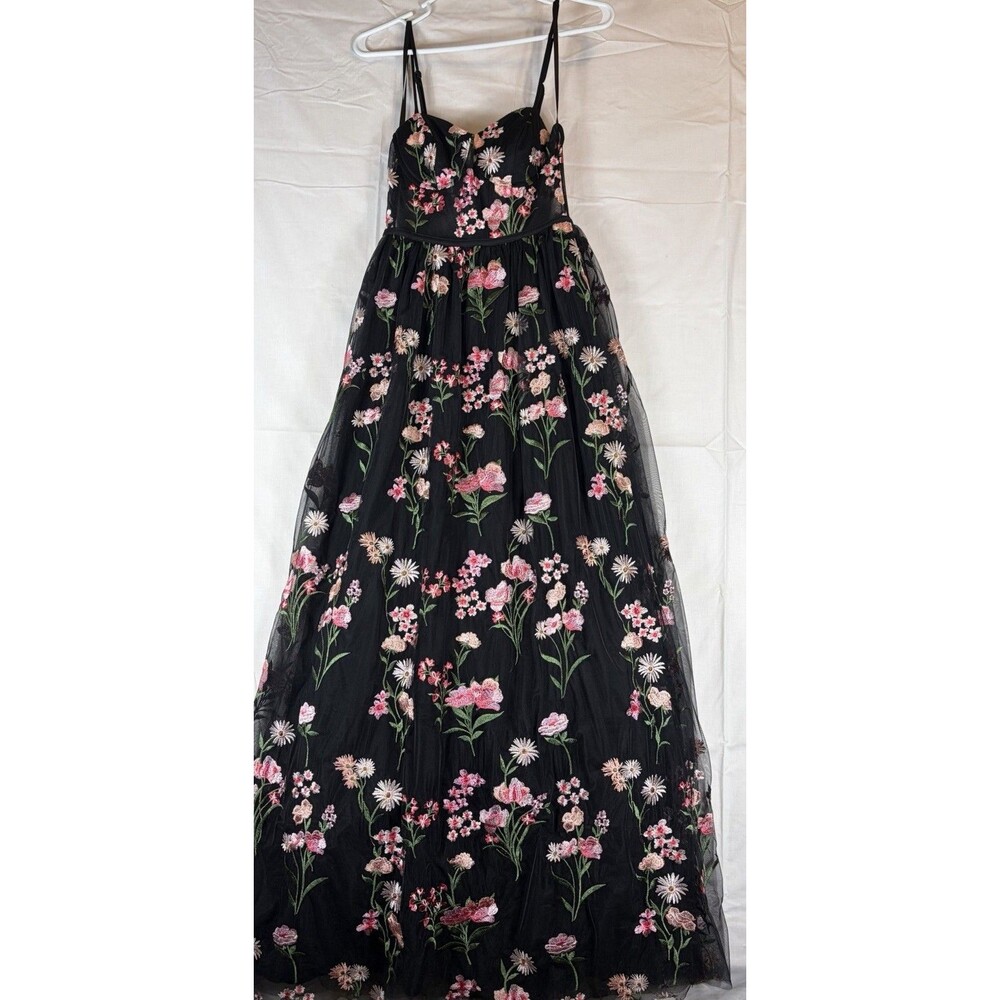 City Studios Ballgown Pink Floral Embroidered Long Tulle Black Juniors Size 1/2